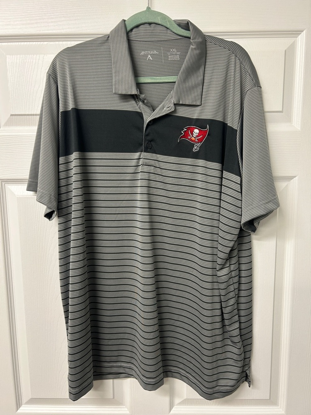 Tampa Bay Buccaneers Antigua Gray and Black Striped Polo